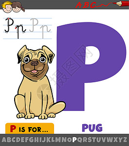 帕格标记字母 P 用有卡通帕格纯种狗字符的字母表 P设计图片