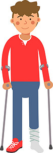 满身绷带的男孩脚踝折断的人用拐杖走路 腿上贴着石膏的受伤男子设计图片