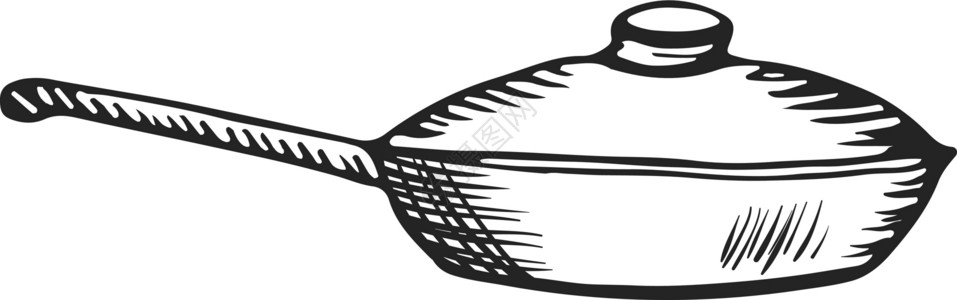 用盖子煎锅 手绘风格的金属厨房用具背景图片
