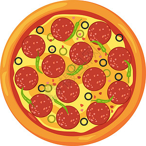 辣锅披萨顶端有腊肠切片的比萨饼 Pepperoni 漫画图标插画