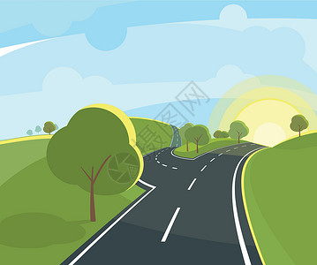 日晒升起的公路景观 卡通草原背景插画