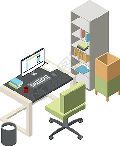 创造力家具办公室内部家具 部门工作场所用具和办公用具插画