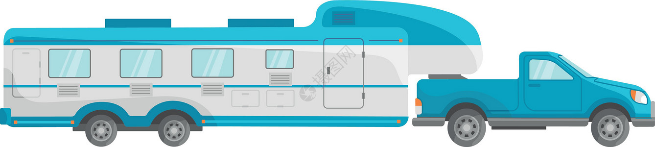 托运人有拖车的蓝色汽车 现代运输车露营 图标平方矢量插图设计图片