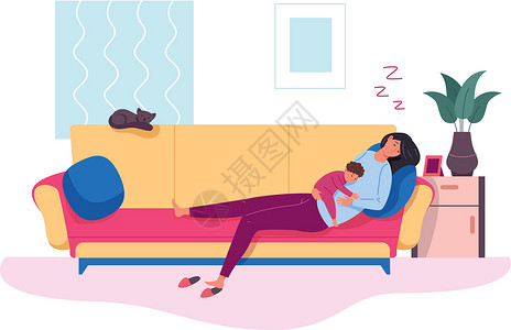 沙发上的孩子父母压力 疲累的母亲睡在沙发上的婴儿 矢量插图插画