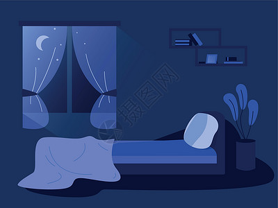 夜间卧室内 手画的睡房插画