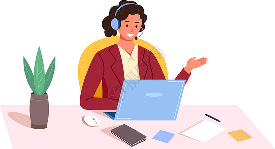 耳机销售首页女性呼叫中心接线员 顾问用笔记本电脑 矢量插图说话的电话插画