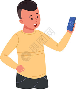 手臂举着手机带着手机的笑男孩 小小孩拿着智能手机插画