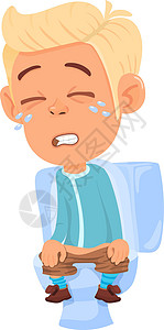 小孩肚子疼 男孩坐在厕所上 哭泣的卡通人物背景图片