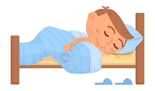 轨枕男孩睡在床上睡觉 孩子休息 上床时间概念插画