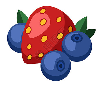甜草莓和蓝莓卡通浆果 草莓和有叶子的蓝莓插画