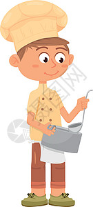 拿着铲子男孩做厨师的小孩煮汤 男孩拿着拉链和烧锅设计图片