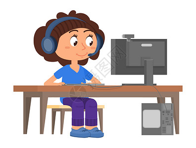 坐在办公桌的戴耳机的女孩 在计算机上工作的卡通人物设计图片