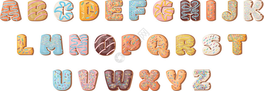 信玄饼甜甜的糕点字母表 甜甜圈冰淇淋喷洒字体插画