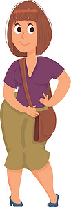 女式单肩包身着散装服装的微笑妇女 卡通女性性格设计图片