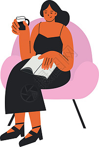 坐在椅子上看书坐在舒适的椅子和阅读书上的妇女 家庭休闲时间设计图片