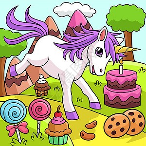 马芬蛋糕糖果地的独角兽有色卡通插图插画