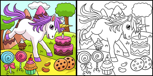 马芬蛋糕糖果中独角兽的大地着色页面说明插画