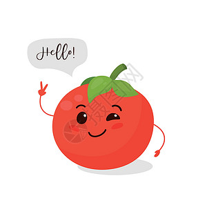 番茄说你好 在白色背景隔绝的逗人喜爱的蕃茄 滑稽的微笑的蕃茄 横幅 卡片 T 恤打印的矢量设计模板 孩子们 孩子们 婴儿 素食主背景图片