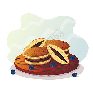 铜锣烧日本煎饼     木板或盘子上的多萝AK 整块和切片上都是巧克力填充品和蓝莓插画