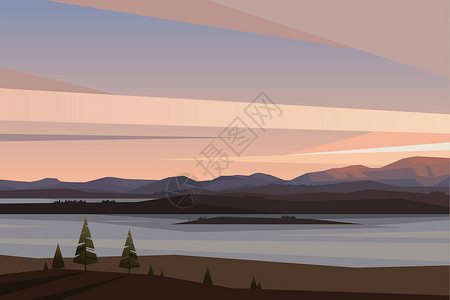 川山群岛山中的日出 平面风格的矢量景观 河岸树木 国家公园山丘轮廓 美丽的北方自然插画