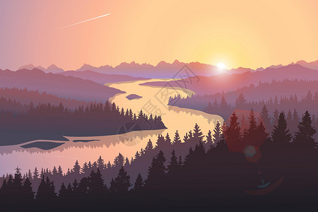 日出时药湖向量景观 日出时有一条大河在林山中流淌插画