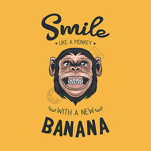 猴头蘑彩色画作 墙壁艺术 T恤衫印 海报 卡通漫画和诗歌的喜剧猴子头励志灵长类手绘喜悦黑猩猩微笑猴子卡通片卡片印花插画