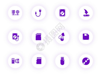 内存驱动带有紫色阴影的浅色圆形按钮上的紫色颜色矢量图标 为 web 移动应用程序 ui 设计和打印设置的内存驱动器图标背景图片