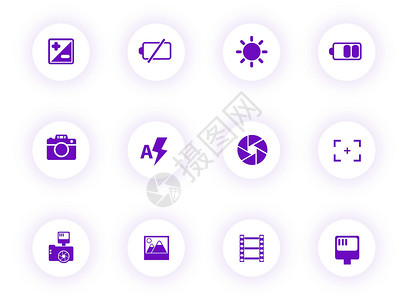 摄影紫色颜色矢量图标上光圆形按钮与紫色阴影 为 web 移动应用程序 ui 设计和打印设置的摄影图标电影照片镜片亮度太阳标识相机背景图片
