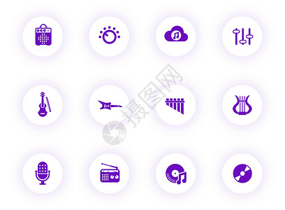 视唱练耳音乐紫色颜色矢量图标上带有紫色阴影的光圆形按钮 为 web 移动应用程序 ui 设计和打印设置的音乐图标标识均衡器歌曲乐队收音机插画