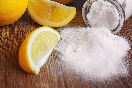 酸化剂用柠檬制成的木质背景上的脂肪酸 选择性焦点化学品粉末物质香橼美食水果食物防腐剂化学勺子背景