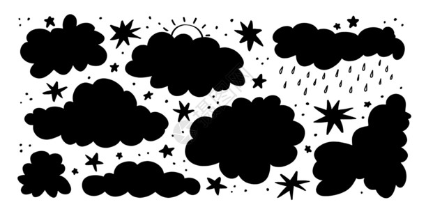 云的轮廓 一套涂鸦星星 雨和雨滴 雷雨云 多云的天气 矢量图的白色背景上的手绘天空剪影插画