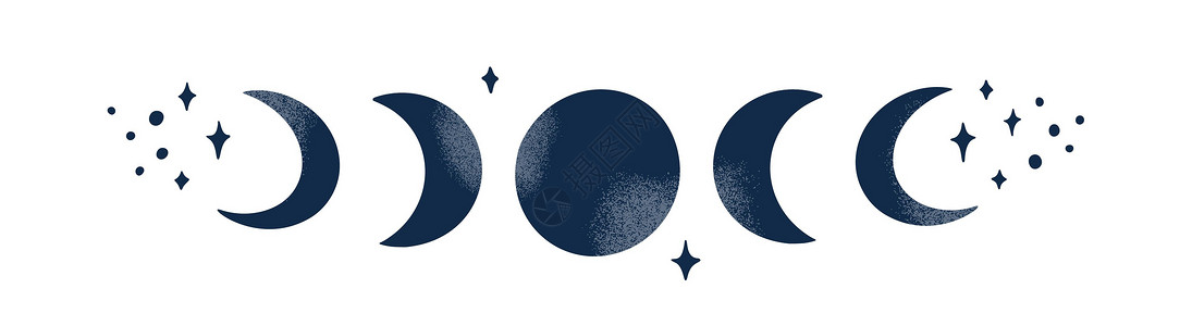 矢量月相图 与新月和星星的抽象现代设计 天体神秘概念与垃圾纹理隔离在白色背景 审美波西米亚水平海报 蓝色背景图片