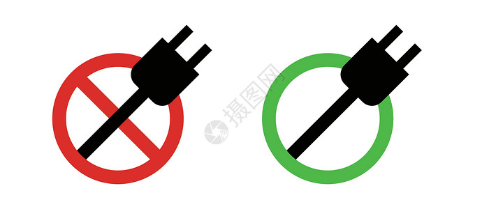 电源标志允许充电 禁止充电 允许充电 停止标志和出口 圆圈和出口的轮廓图标 向量插画