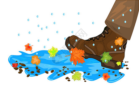水鞋脚上有鞋 水坑 树叶和雨滴 在白色背景中被孤立季节男人水池感恩插图季风漩涡街道卡通片天气插画
