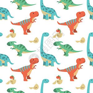 有趣的孩子恐龙模式 多色恐龙矢量背景 纺织品和织物的回落插画