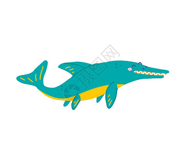 鱼白底漂浮的可爱恐龙以白色背景绘制的白底矢量平面图示插画