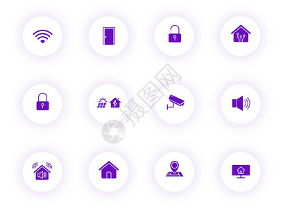 智能家居紫色颜色矢量图标上带有紫色阴影的浅色圆形按钮 为 web 移动应用程序 ui 设计和打印设置的智能家居图标标识探测器建筑背景图片