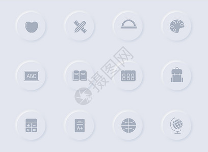 圆形橡胶按钮上的学校灰色矢量图标 为网络 移动应用程序 用户界面设计和促销商业印刷术设置的学校图标橡皮阴影移动地理标识桌子应用篮背景图片