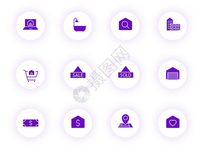 待售的房地产紫色颜色矢量图标上带有紫色阴影的光圆形按钮 为 web 移动应用程序 ui 设计和打印设置的房地产图标销售房子网络贷款标识设计图片