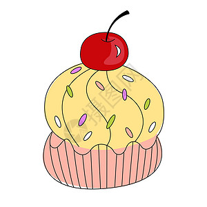 蒸黄糕配黄奶油和樱桃的可爱小蛋糕糖糖糕点巧克力漩涡食物糖果浆果点心插图甜点插画
