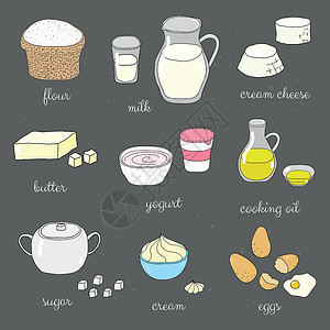 黄油面粉面条做饭的配料食谱面粉美食糕点烘烤立方体黄油烹饪手绘产品插画