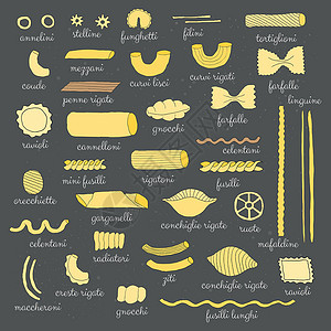 黑椒意面不同种类的意大利意面收藏美食烹饪厨房餐厅艺术食物草图面条文化设计图片