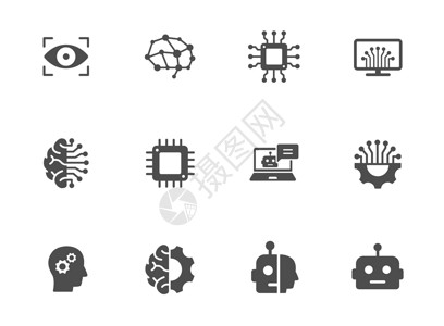 人工智能剪影矢量图标隔离在白色 网络 移动应用程序 ui 设计和打印的网络技术图标集商业令牌机器人标识学习自动化用户头脑科学机器背景图片