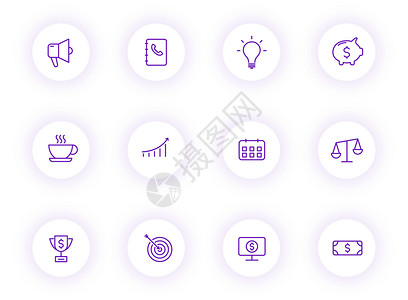 商务紫色轮廓矢量图标上带有紫色阴影的浅色圆形按钮 为 web 移动应用程序 ui 设计和打印设置的业务图标推介会用户网络金融服务背景图片