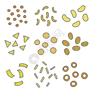 薯片和零食套餐手绘玉米片小吃洋葱玉米盐渍午餐团体涂鸦土豆背景图片