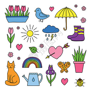 弹簧猫一组手工抽取的弹簧物品彩虹日历季节植物天气郁金香蝴蝶太阳孩子叶子插画