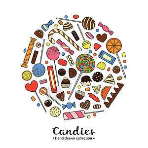 螺旋棒棒糖手画糖果在圆圈里童年食物甘蔗甜点涂鸦刻字巧克力派对水果咖啡店设计图片