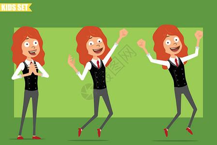 背带裤女孩红发女孩女孩性格矢量集商业运气派对跳跃银行孩子领带女孩快乐动画片设计图片