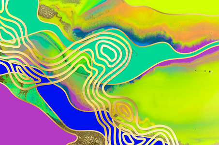 海浪画花纹金色波形图案 蓝色大理石 黄色绿色和金色纹理等背景