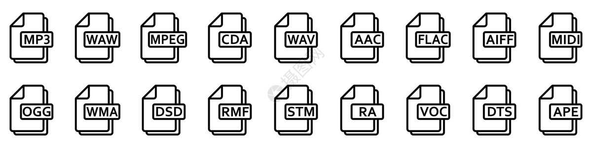 音频文件格式 矢量线性图标 音频文件图标网络黑色收藏技术软件下载质量数据白色程序设计图片